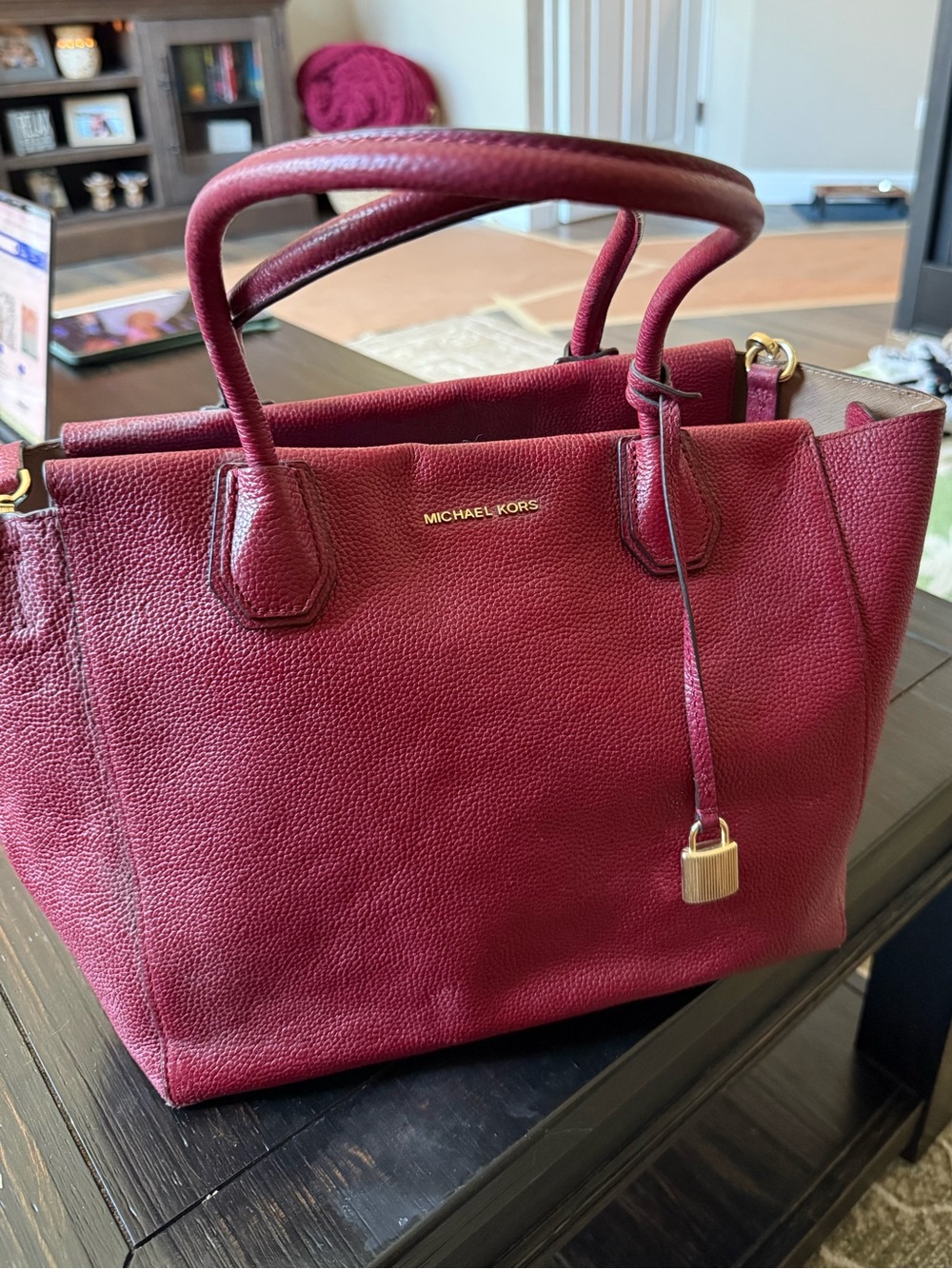 Michael Kors Wine Leather Satchel with Gold Hardware
